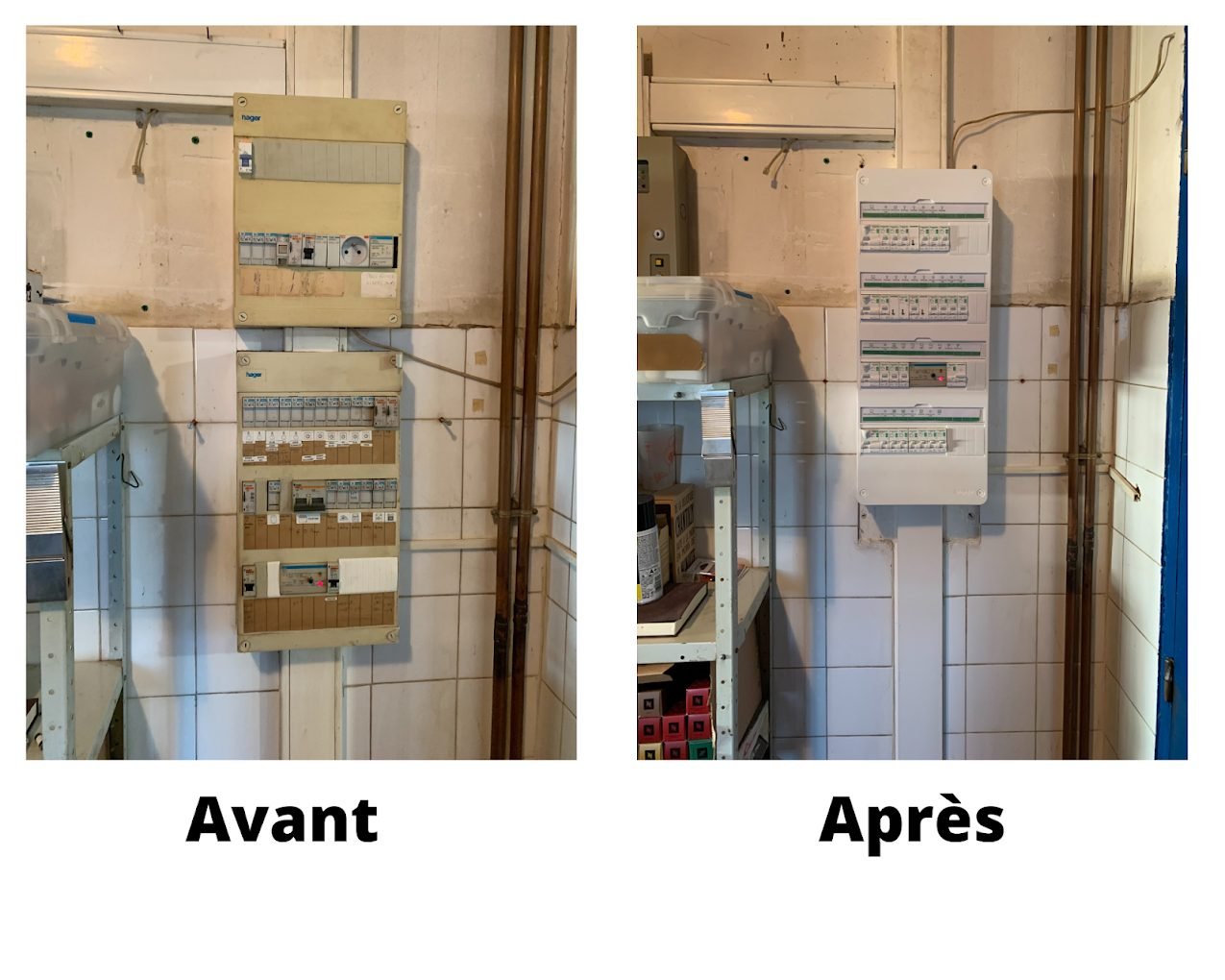 Avant / après : remplacement d'un tableau électrique vétuste par un tableau neuf, organisé et repéré, conforme NF C 15-100, par TorresElecMS à Châteauneuf-les-Martigues